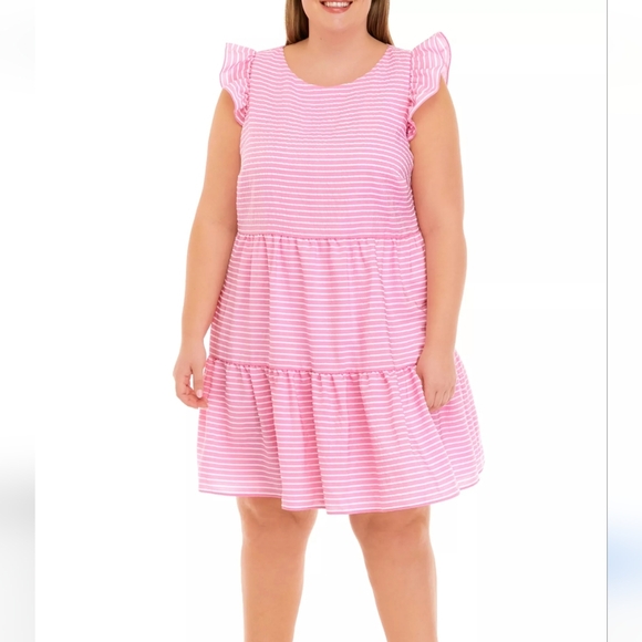 Jessica Howard Plus Size Seersucker Flutter Sleeve Tiered Babydoll Dress. Sz 16 - Picture 1 of 3